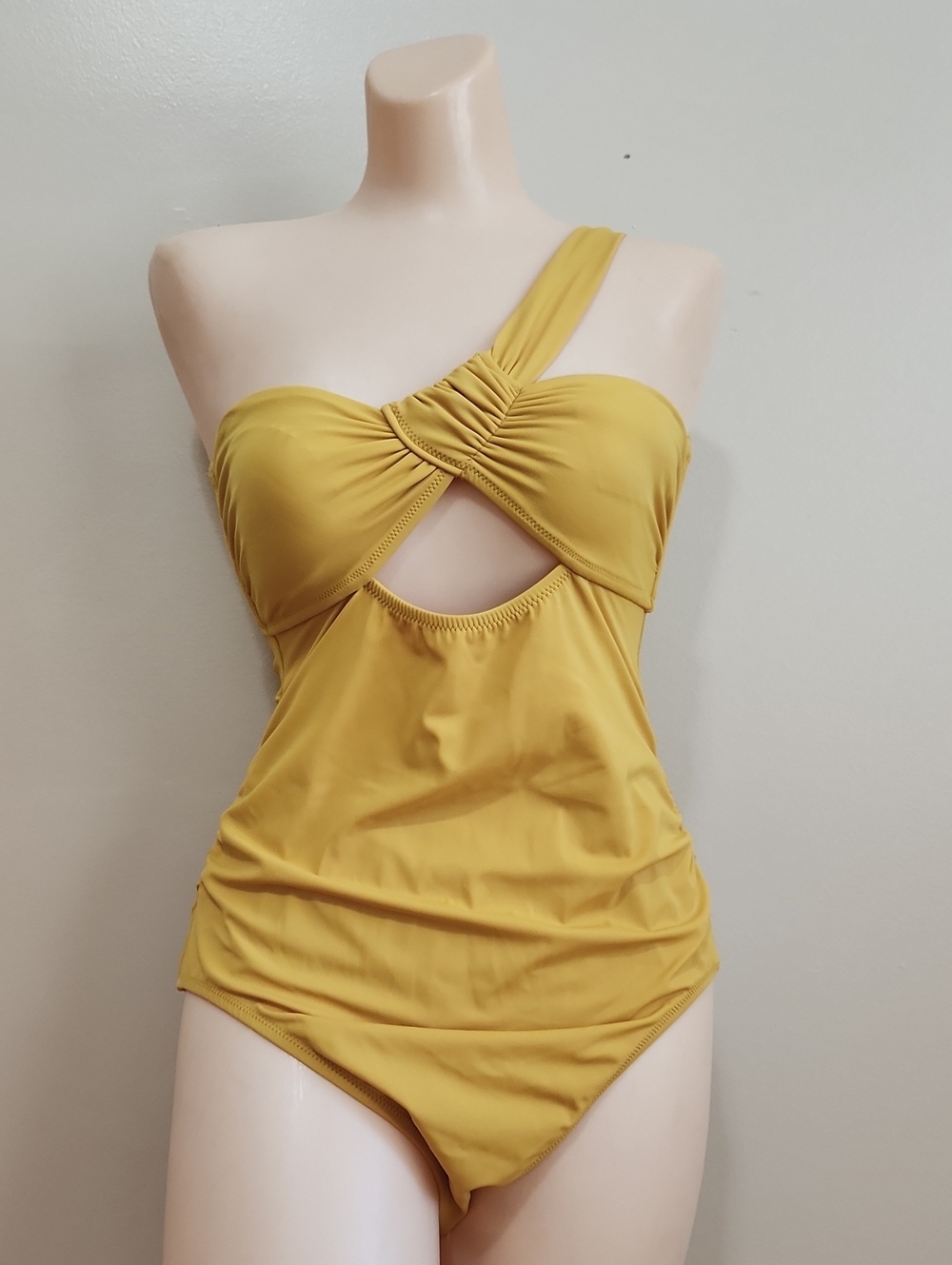 Shade & Shore Mustard Yellow One-Shoulder Cutout Twist Swimsuit